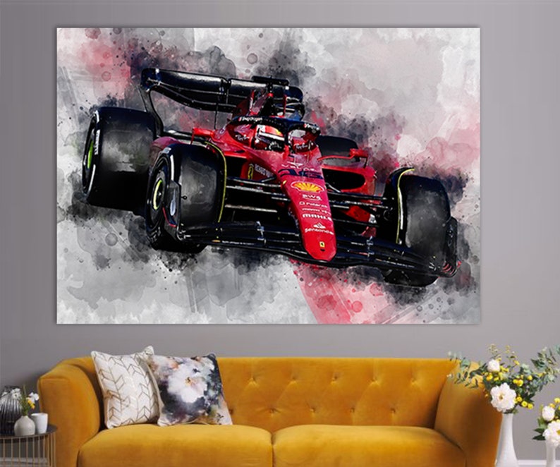 May include: A red Formula 1 race car with black accents and a driver in a red helmet. The car is on a race track with a watercolor background.