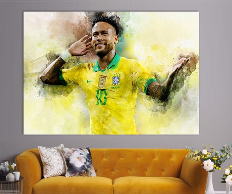 May include: A watercolor painting of a soccer player wearing a yellow and green jersey with the number 10 and the word "BRASIL" on it. The player is saluting with his right hand and smiling.