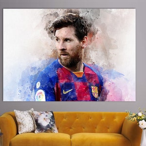 May include: A watercolor painting of a soccer player wearing a blue and red jersey with the team logo. The player has a beard and is looking to the side.