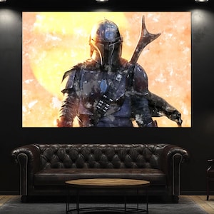 The Mandalorian Sunset Watercolor, Star Wars Canvas Print, Artistic Sci-Fi Wall Art, Star Wars Fan Gift, Mando Painting, Mandalorian Poster