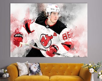 Impressão em tela de Jack Hughes, presente para fãs de Jack Hughes, arte de parede para hóquei no gelo, presente para fãs de hóquei, pôster de Jack Hughes, arte de Jack Hughes Devils