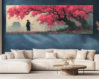 May include: A panoramic canvas print depicts a Japanese scene with a samurai figure standing beneath a large cherry blossom tree with vibrant pink flowers. A traditional building is in the background, with a soft, watercolor-like effect.