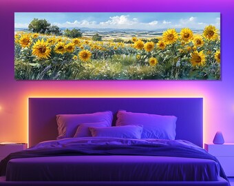 Sunflower Field Canvas Print, Floral Landscape Wall Art, Summer Meadow Painting