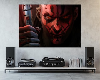 May include: A canvas print depicting a character with red facial markings and glowing eyes, holding a red lightsaber. The artwork is displayed above a white shelf with stereo equipment and speakers.