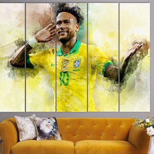 May include: A watercolor painting of a soccer player wearing a yellow and green jersey with the number 10 and the word "BRASIL" on it. The player is saluting with his right hand and has a joyful expression on his face.