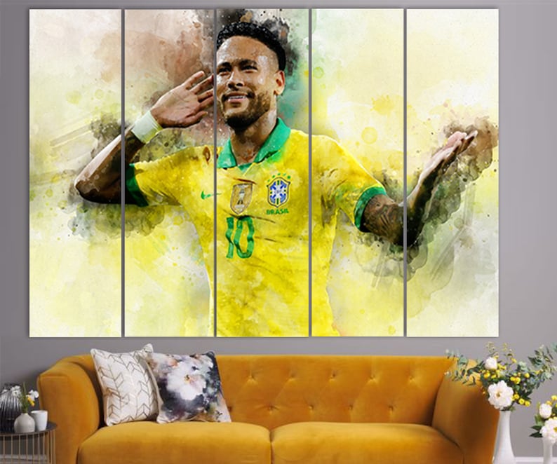 May include: A watercolor painting of a soccer player wearing a yellow and green jersey with the number 10 and the word "BRASIL" on it. The player is saluting with his right hand and has a joyful expression on his face.