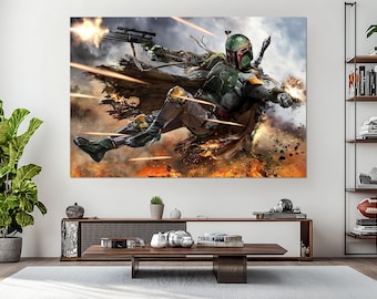 Canvasafdruk Boba Fett, Star Wars premiejager kunst aan de muur, Mandalorian schilderij, Boba Fett poster, Star Wars fan cadeau, Boba Fett fanart