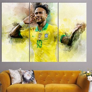 May include: A watercolor painting of a soccer player wearing a yellow and green jersey with the word "BRASIL" on it. The player is celebrating a goal with his arms raised in the air.