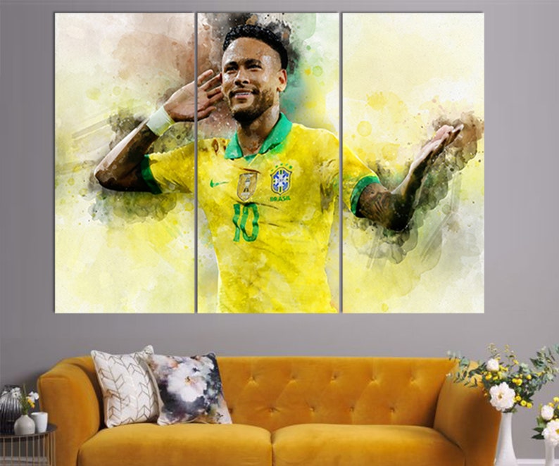 May include: A watercolor painting of a soccer player wearing a yellow and green jersey with the word "BRASIL" on it. The player is celebrating a goal with his arms raised in the air.