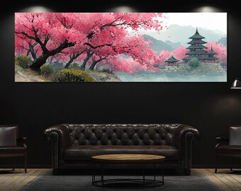Cherry Blossom Canvas Print, Japanese Landscape Wall Art, Sakura Tree Painting