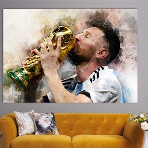 Lionel messi Leinwanddruck, Lionel messi mit der WM, messi malen, Fußballfan Geschenk, messi Wandkunst, Fußballfan Geschenk.