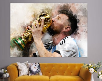 Lionel Messi Canvas Print, Lionel Messi With The World Cup, Messi Paint Art, Football Fan Gift, Messi Wall Art, Soccer Fan Gift.