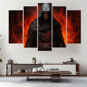 Op de afbeelding: Een vijfdelige canvas print met een gehulde figuur met een rood-zwart kleurenschema. De centrale figuur is gehuld in een kap, met een masker. De achtergrond heeft vurige rode en oranje tinten, wat een dramatische sfeer creëert.