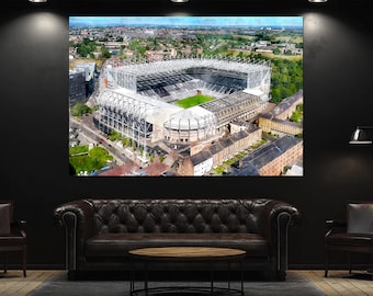 May include: An aerial view of a large, modern stadium with a green field and seating for spectators. The stadium has a white and gray roof structure and is surrounded by buildings and trees. The image is a print displayed on a wall.