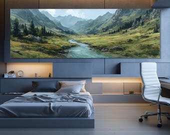 May include: A large landscape canvas print depicting a mountain valley with a river. The artwork features lush green grass, tall trees, and majestic mountains under a blue sky. The print is mounted above a bed in a modern bedroom.