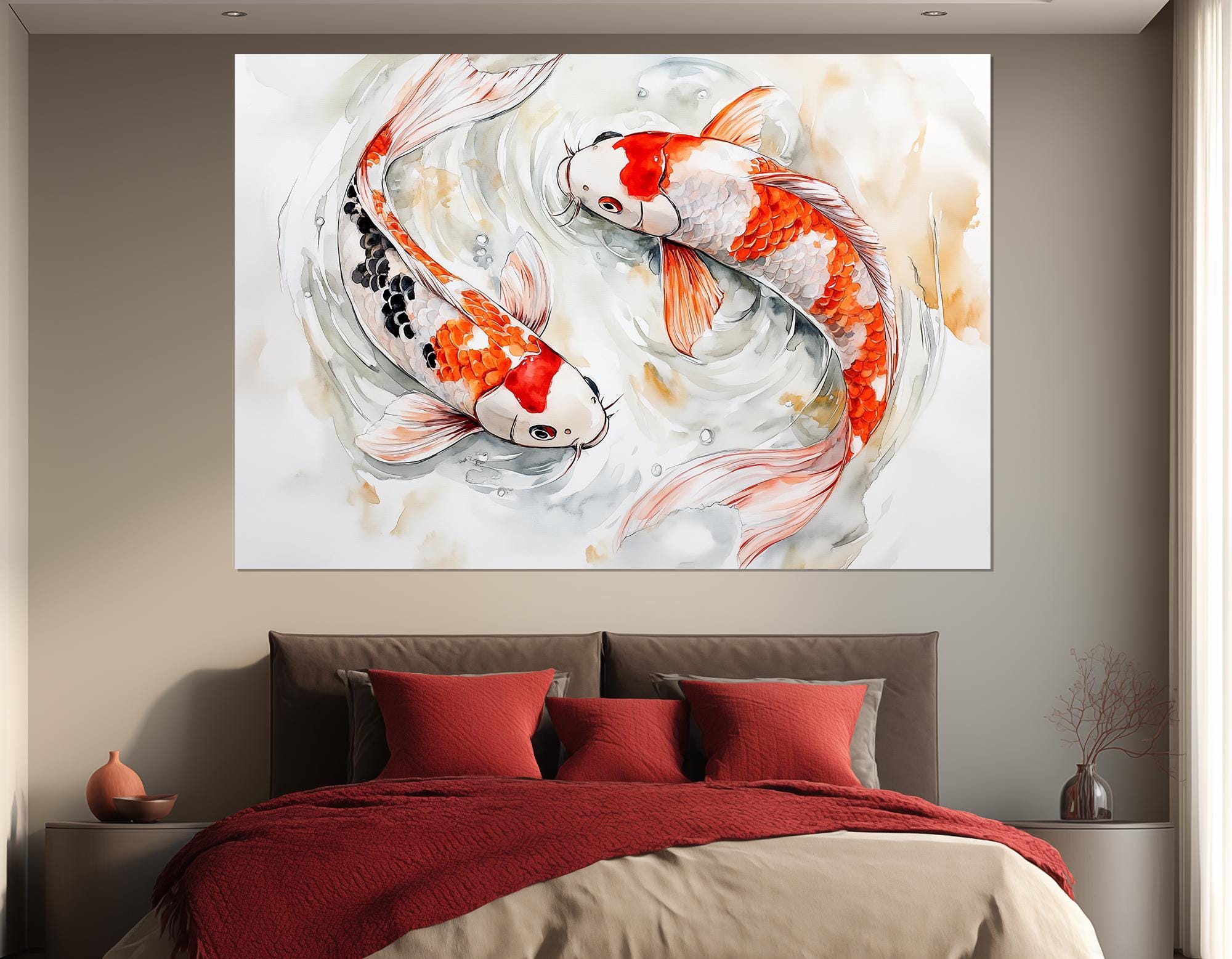 Koi Fish Watercolor Canvas Print, Japanese Zen Inspired Wall Art, Koi ...