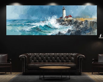 May include: A panoramic canvas print depicts a coastal scene with a lighthouse. The artwork features a white lighthouse with a red-roofed building, set against a backdrop of a turbulent sea and a cloudy sky. The waves crash against the rocky shore.