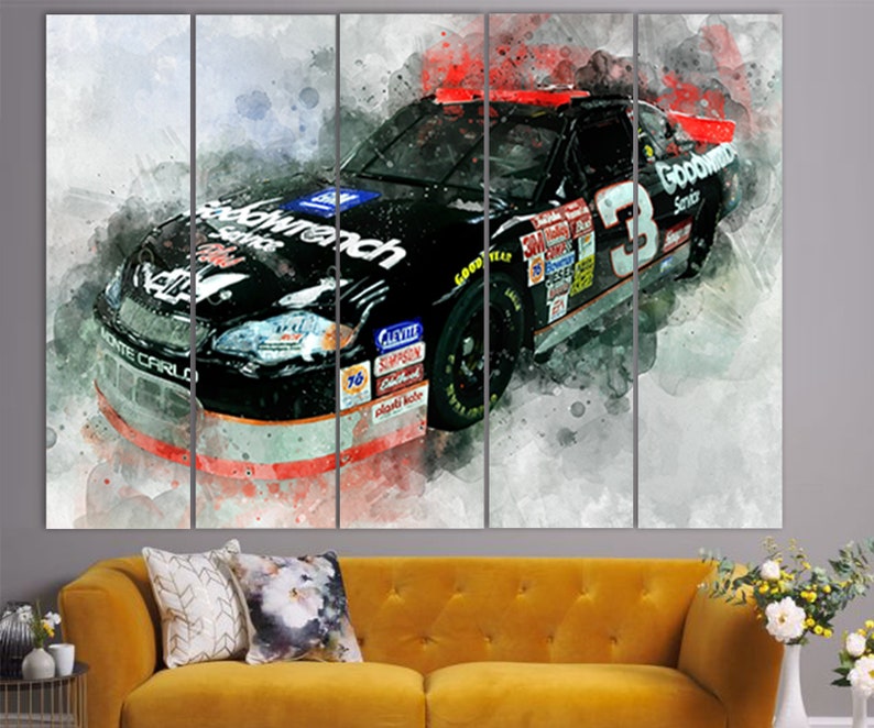 May include: A watercolor painting of a black race car with the number 3 and the words "Goodwrench Service" on the side. The car is a Monte Carlo and has a red, white, and blue paint scheme.