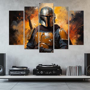 The Mandalorian in Battle Flames, Star Wars Canvas Print, Oil Painting Star Wars Wall Art, Star Wars Fan Gift, Mandalorian Action Poster