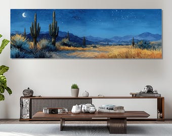 Desert Landscape Canvas Print, Night Desert Wall Art, Arizona Desert Painting