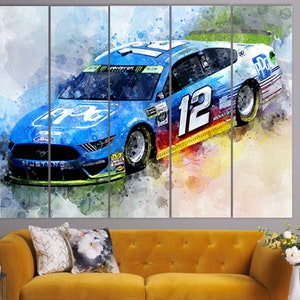 May include: A multi-panel canvas print of a blue race car with the number 12, a Ford Mustang, and sponsor logos. The artwork has a watercolor effect with splashes of blue, yellow, and red.