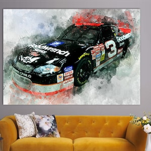 May include: A watercolor painting of a black race car with red and white accents. The car has the number "3" on the side and the words "Goodwrench Service" on the back. The car is a Monte Carlo.