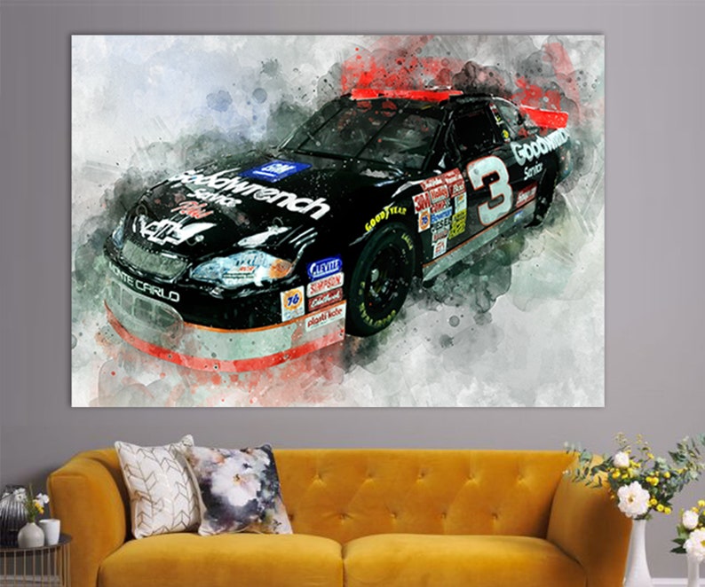 May include: A watercolor painting of a black race car with red and white accents. The car has the number "3" on the side and the words "Goodwrench Service" on the back. The car is a Monte Carlo.