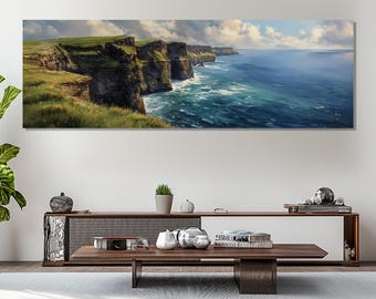 May include: A panoramic canvas print depicts the Cliffs of Moher, Ireland. The artwork showcases the green grassy cliffs meeting the deep blue ocean under a cloudy sky. The painting is displayed above a modern wooden entertainment center.