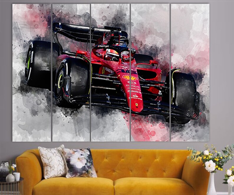 May include: A red Formula 1 race car with black accents and a watercolor effect. The car is in motion and the background is blurred.