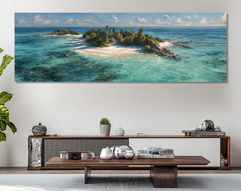 May include: Panoramic canvas art print of a tropical island scene. The artwork depicts two small islands with lush green vegetation and white sandy beaches surrounded by turquoise water under a blue sky with fluffy clouds. The artwork is displayed above a modern wooden console.