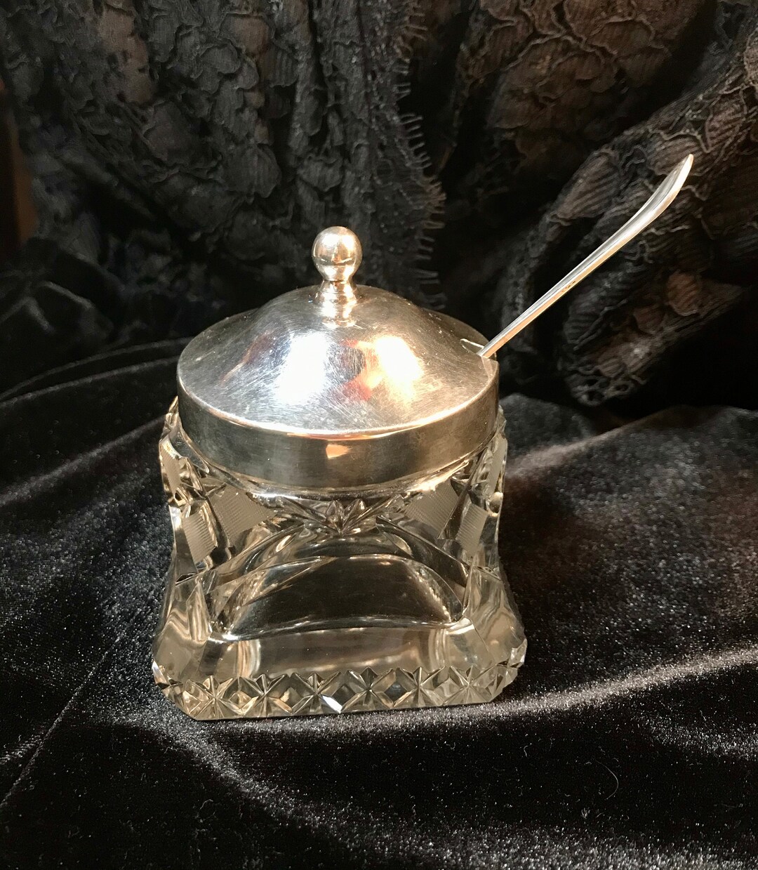 Vintage Silver Cut Crystal Glass Jam Pot And Spoon Etsy