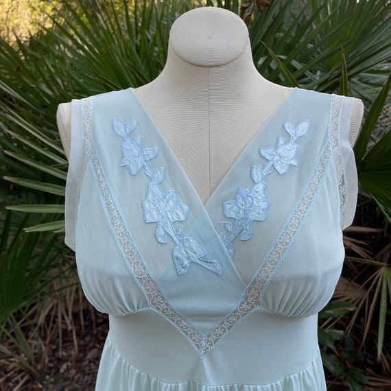 Vintage 60s Midi Length Nightgown Aqua Blue Sleev… - image 2