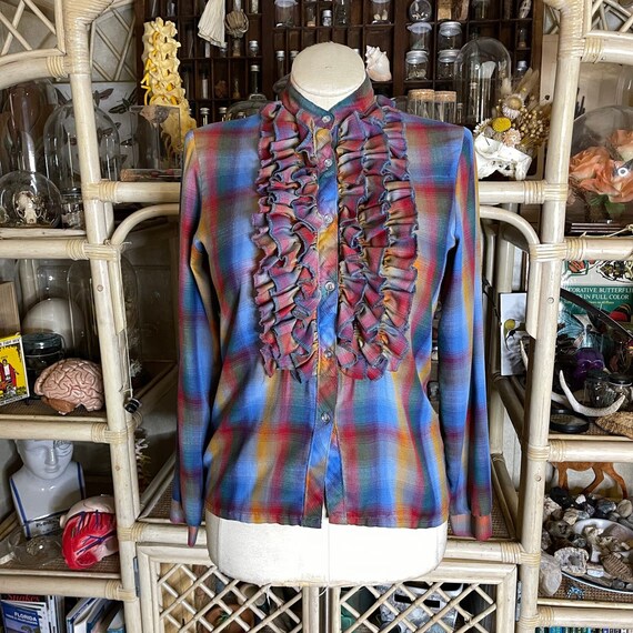 Vintage 80s Rainbow Plaid Button Up Shirt with Ru… - image 1