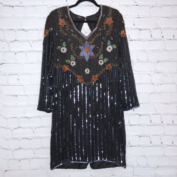 Vintage Black 1980's Silk Evening Party Dress Midi