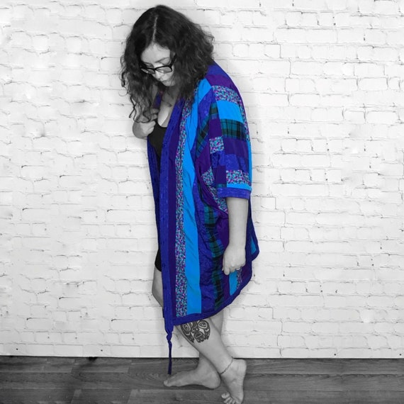 Vintage 1990's Blue Patchwork Robe Cocoon Style Ki