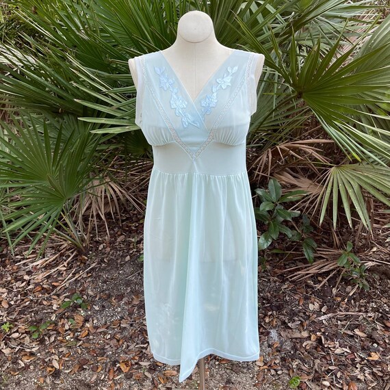 Vintage 60s Midi Length Nightgown Aqua Blue Sleev… - image 1