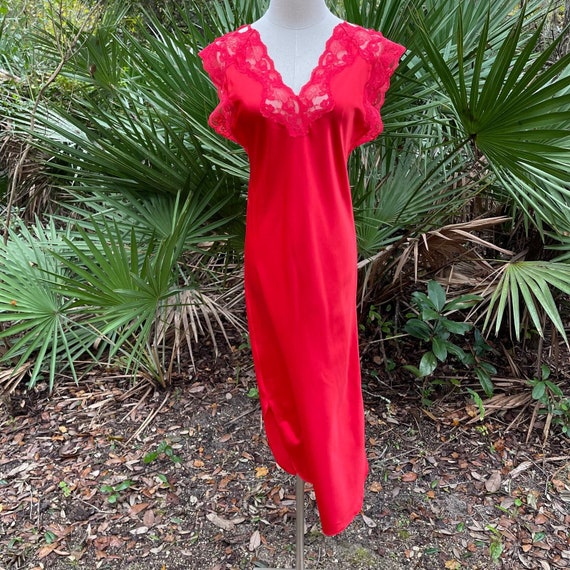 Vintage 80s Red Satin Maxi Nightgown Lingerie Sle… - image 1