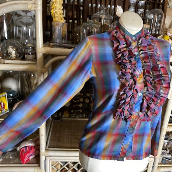Vintage 80s Rainbow Plaid Button Up Shirt with Ru… - image 2