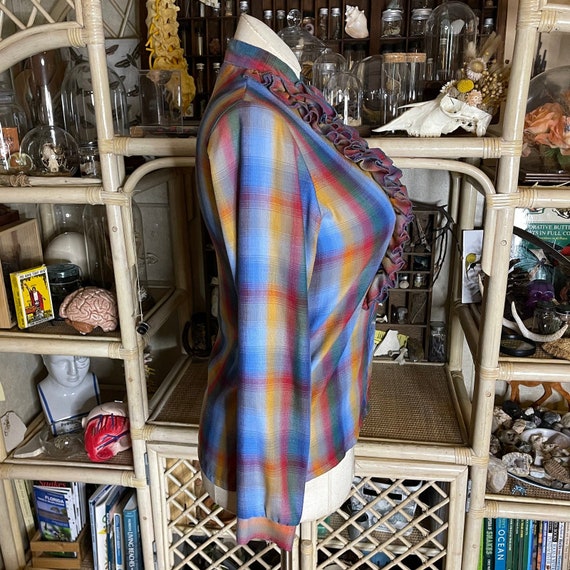 Vintage 80s Rainbow Plaid Button Up Shirt with Ru… - image 9