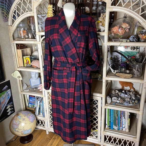 Pendleton 60s Blue and Red Plaid Wool Robe House … - image 1