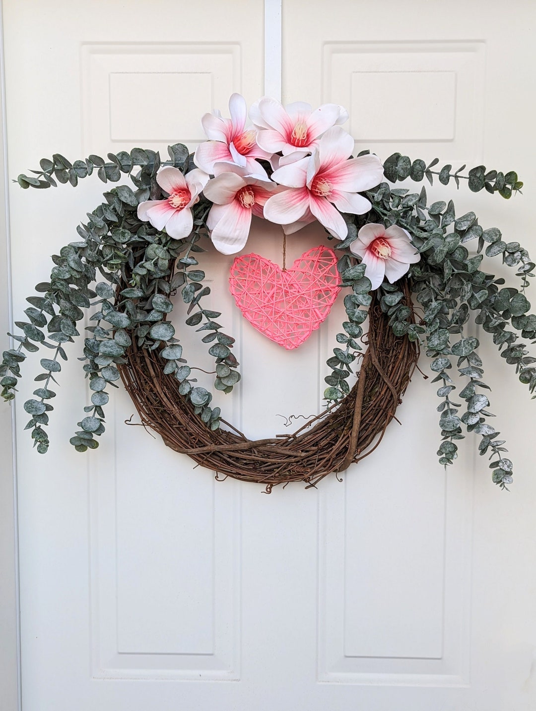 Pink Heart Front Door Wreath. Pink Magnolia Valentine's Day Front Door Wreath. Pink Flower Heart