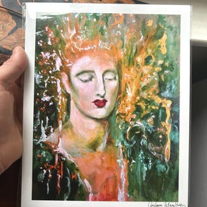8x10” Mystical Goddess Print, divine feminine art, Green and Gold painting