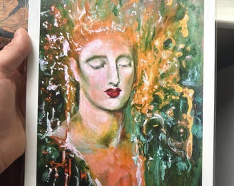 Impresión de Diosa Mística de 8x10”, arte femenino divino, pintura verde y dorada