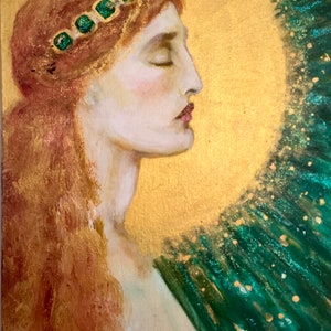 Impresión original de la Diosa Verde, impresión de 8 x 10 pulgadas, Arte de la Diosa, pintura de fantasía verde y dorada