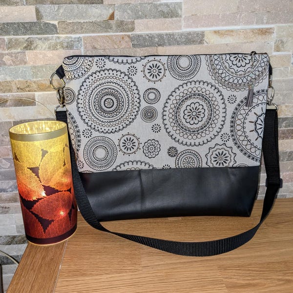 Large shoulder bag, Mandala black and brown, faux leather