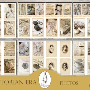 May include: A collection of 15 vintage-style photos featuring lace, fabric, and other Victorian era details. The photos are arranged in a grid pattern and have a warm, nostalgic feel. The text "Victorian Era Photos 15 Pages" is at the bottom of the image.