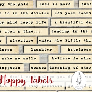 Happy Labels Junk journal digitale Happy Words Happy Phrases Digital Words Versieringen Afdrukbare Junk Journaling Words Collage Efemere effecten