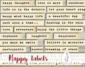 Happy Labels Junk journal digital Happy Words Happy Phrases Digital Words Embellishments Printable Junk Journaling Words Collage Ephemera