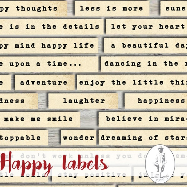 Happy Labels Junk journal digital Happy Words Happy Phrases Digital Words Verfraaiingen Afdrukbare Junk Journaling Woorden Collage Ephemera