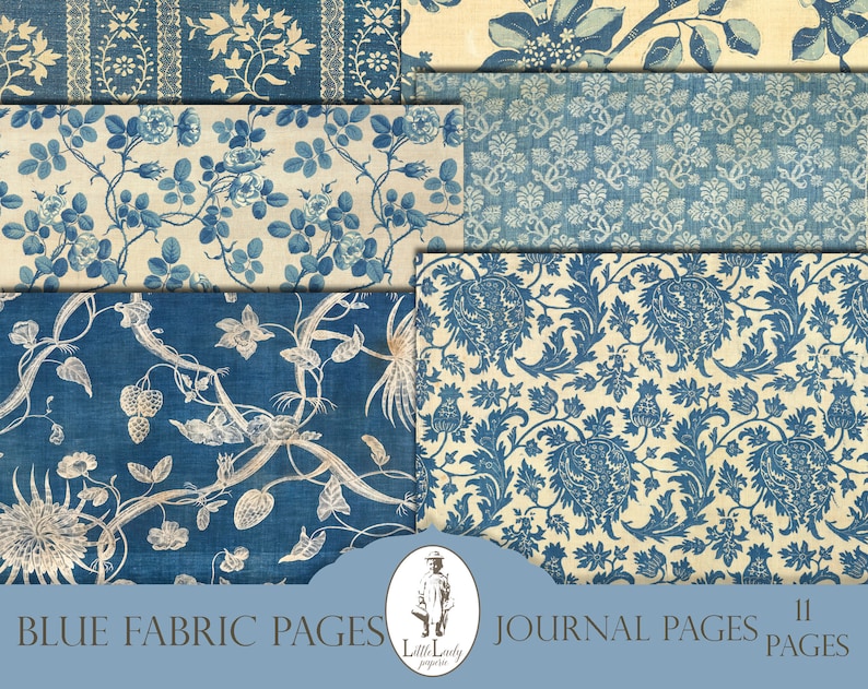 Blue Victorian Fabric Junk Journal Pages (Digital Download) image 1